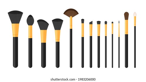 Set of black pure professional brushes for makeup. Make up artist kit. Angle, fan and flat brushe. Vector illustration isolated on white background.