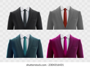 Set of black and purple business suits isolated on transparent background. Vector illustration