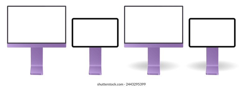 Set of black and purple information panels. Screen mockup, empty frame. Display or signboards isolated on a transparent background. 3d mockup of a signboard with transparent or white screen and shadow