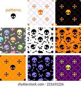 Set of black, purple, white and orange patterns with cute cartoon skull and crossbones for Halloween