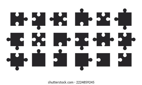 Set of black puzzle pieces isolated on white background. Blank templates for game design, business concepts. Vector illustration