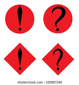 Set of black question and exclamation marks in red circle and square. Vector icon. Flat design