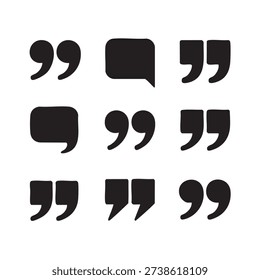A set of black quotation marks and speech bubbles on a pure white background, various shapes and sizes