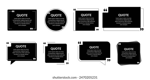 Set Of Black Quote Box Frames and icons. Quote bubble Typographical frame. Quote bubbles of different forms. Textbox on color background.