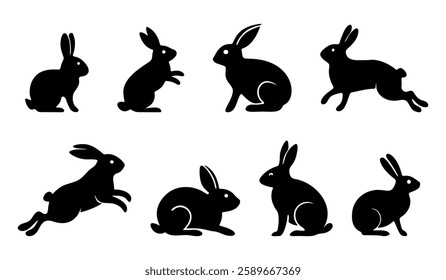 Set of black rabbit silhouettes in different poses, including sitting, jumping, and standing. Ideal for Easter, wildlife, and nature-themed designs. Vector illustration.