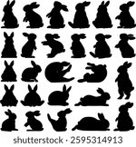 Set of black Rabbit silhouettes in vector illustration. Black Shadow Of Fat Bunny. Easter time concept. 