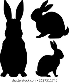 set of black, rabbit silhouettes vector design, Three black rabbit silhouettes on a white background. 