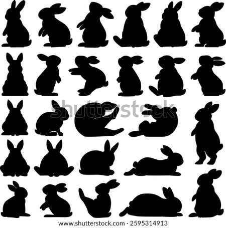 Set of black Rabbit silhouettes in vector illustration. Black Shadow Of Fat Bunny. Easter time concept. 