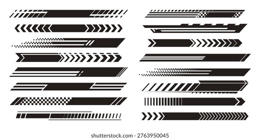 Set of black racing stripes on white background. Vector illustration of bold arrows, checkered flag elements and lines for race car or motorsport graphics, fast speed pattern designs, sports banner