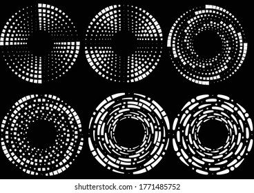 Conjunto de puntos de semitono radiales negros en forma de espiral. Arte geométrico. Elemento de diseño moderno para marco, logotipo, tatuaje, signo, símbolo, páginas web, impresiones, carteles, plantilla, patrón y abstracto