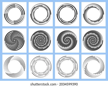 set of black radial velocity lines from white dashed curves, swirling halftone thin thick lines. on a white background.