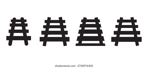 Conjunto de secciones de pista de ferrocarril negro, iconos simples, fondo blanco.