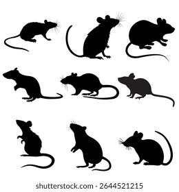 "Set of black rat silhouettes featuring various poses such as sitting, running, sniffing, and standing on hind legs. Designed with clean solid shapes and a transparent background, this collection is p