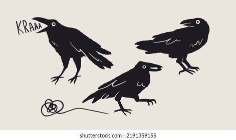 Set of black Raven or Crow birds. Different poses. Cartoon style, flat design. Halloween, horror concept. Hand drawn trendy Vector illustration. Every bird is isolated