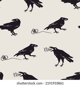 Set Of Black Raven Or Crow Birds. Different Poses. Cartoon Style, Flat Design. Halloween, Horror Concept. Hand Drawn Trendy Vector Illustration. Square Seamless Pattern. Background, Wallpaper