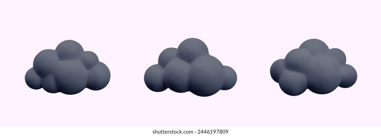 Set of black realistic clouds in cartoon style. Bad weather, bad mood, emotions