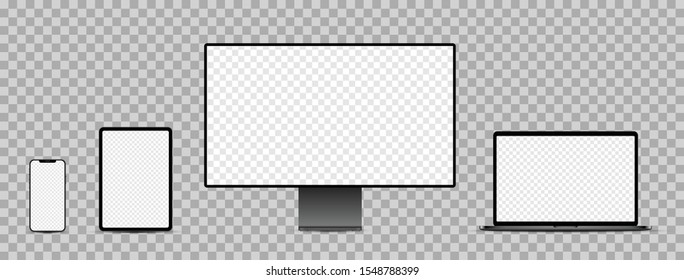 Set of black realistic electronic devices: smartphone, tablet, laptop, display with blank checkered transparent screens.  Vector illustration.