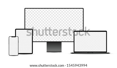 Set of black realistic electronic devices: smartphone, tablet, laptop, display with blank checkered transparent screens.  Vector illustration.