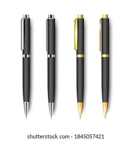 Conjunto de bolígrafos realistas negros aislados en fondo blanco.Elementos vectores de identidad corporativa, plantillas de papel de marca. Mockup listo para el diseño