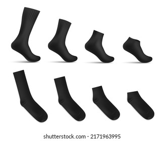 Set of black realistic sock mockups, vector illustration isolated on white background. Design templates empty and on invisible leg, different length. Sport and casual socks