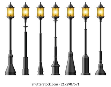 Set of black realistic street light. Street lamp. Vintage lamp