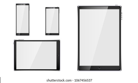 Set of black realistic tablet computer mobile smart smart mobile phone, smartphone with glossy blank blank screen isolated on white background. Vector illustration