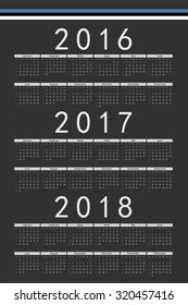Set of black rectangle Estonian 2016, 2017, 2018 year vector calendars. Week starts from Sunday.