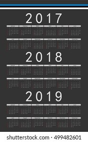 Set of black rectangle Estonian 2017, 2018, 2019 year vector calendars. Week starts from Sunday.