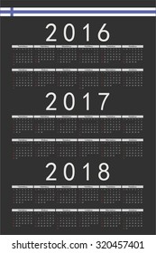 Set of black rectangle Finnish 2016, 2017, 2018 year vector calendars. Week starts from Sunday.