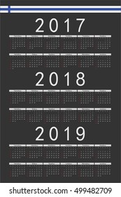 Set of black rectangle Finnish 2017, 2018, 2019 year vector calendars. Week starts from Sunday.