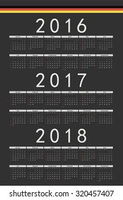 Set of black rectangle German 2016, 2017, 2018 year vector calendars. Week starts from Sunday.