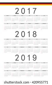 Set of black rectangle German 2017, 2018, 2019 year vector calendars. Week starts from Sunday.