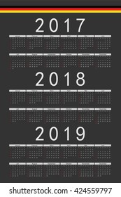 Set of black rectangle German 2017, 2018, 2019 year vector calendars. Week starts from Sunday.