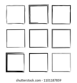 Set of black rectangle grunge frames. Square borders. Vector illustration. 