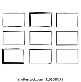 Set of black rectangle grunge frames. Creative linear borders. Vector illustration. 