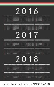 Set of black rectangle Hungarian 2016, 2017, 2018 year vector calendars. Week starts from Sunday.