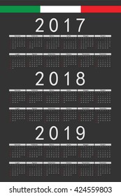 Set of black rectangle Italian 2017, 2018, 2019 year vector calendars. Week starts from Sunday.