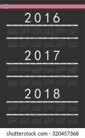 Set of black rectangle Norwegian 2016, 2017, 2018 year vector calendars. Week starts from Sunday.