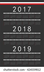 Set of black rectangle Polish 2017, 2018, 2019 year vector calendars. Week starts from Sunday.