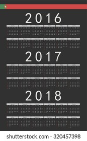 Set of black rectangle Portuguese 2016, 2017, 2018 year vector calendars. Week starts from Sunday.