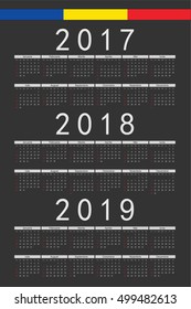 Set of black rectangle Romanian 2017, 2018, 2019 year vector calendars. Week starts from Sunday.
