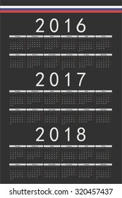 Set of black rectangle Russian 2016, 2017, 2018 year vector calendars. Week starts from Monday.