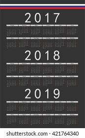 Set of black rectangle Russian 2017, 2018, 2019 year vector calendars. Week starts from Monday.