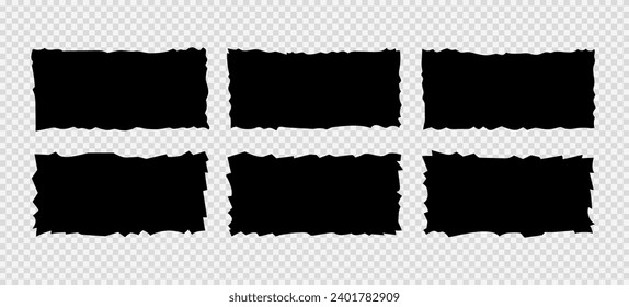 Set of black rectangle silhouettes with jagged edges. Torn paper pieces collection.