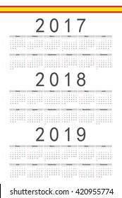 Set of black rectangle Spanish 2017, 2018, 2019 year vector calendars. Week starts from Sunday.