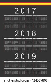 Set of black rectangle Spanish 2017, 2018, 2019 year vector calendars. Week starts from Sunday.