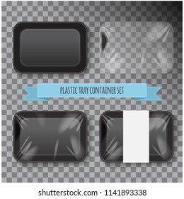 Set of Black Rectangle Styrofoam Plastic Food Tray Container. Vector Mock Up Template for your design