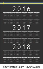 Set of black rectangle Swedish 2016, 2017, 2018 year vector calendars. Week starts from Sunday.