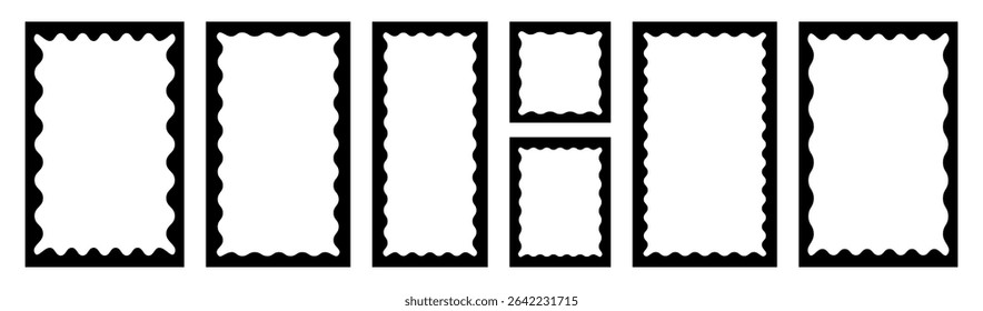 Set of black rectangular frames with inner corrugated wavy stamp-style cutouts. Text box frameworks with curvy inner border. 