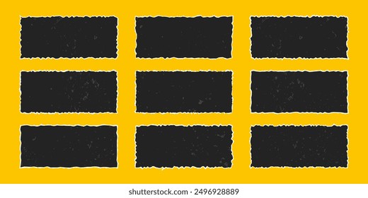 Set of black rectangular frames made of torn paper with vintage gritty texture, vector elements with jagged edges isolated on yellow background. Old ripped paper.